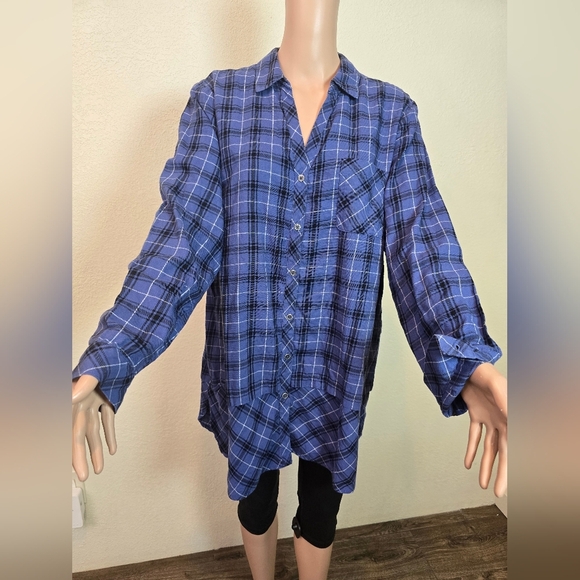 J. Jill Womens Medium Size Xl Blue & Black Plaid Button Up Shirt 100 % Cotton - Picture 3 of 10